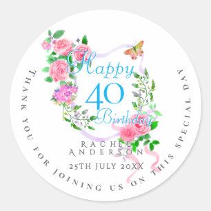 Pink Rose Ribbon 40th Birthday Classic Round Sticker
