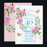Pink Rose Ribbon 40th  Birthday Invitation<br><div class="desc">Lovely and elegant rose with butterfly.  You can changes the texts to your choice.
Suitabe for 40th,  50 th,  60th,  70th etc.</div>