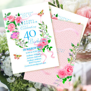 Pink Rose Ribbon 40th Birthday Invitation