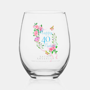 Pink Rose Ribbon 40th Birthday Stemless Wine Glass