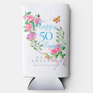 Pink Rose Ribbon 50th Birthday Cooler