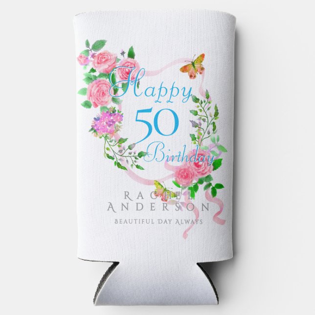 Pink Rose Ribbon 50th Birthday Cooler (Front)