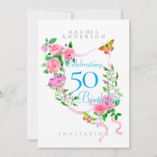 Pink Rose Ribbon 50th Birthday Invitation