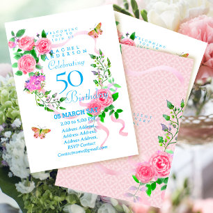 Pink Rose Ribbon 50th Birthday Invitation