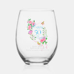 Pink Rose Ribbon 50th Birthday Stemless Wine Glass<br><div class="desc">Lovely and elegant rose with butterfly.</div>