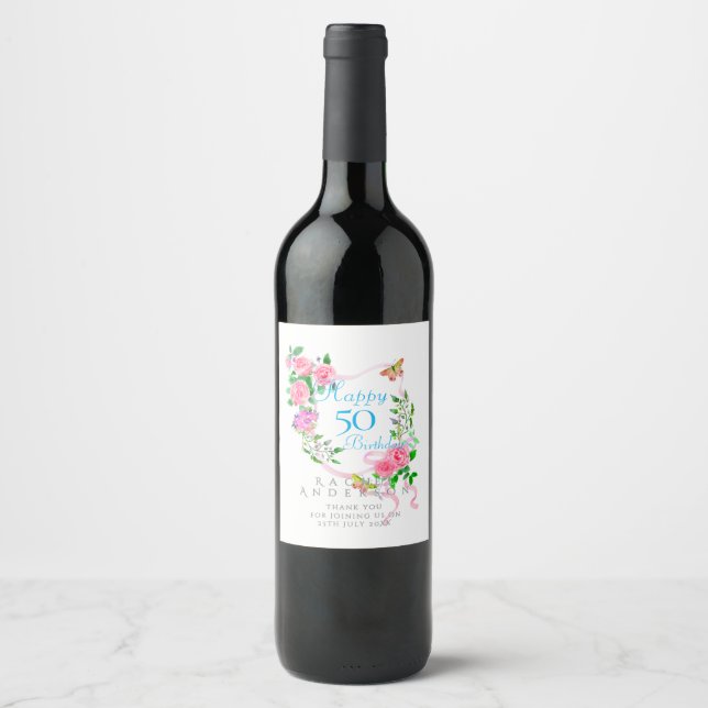 Pink Rose Ribbon 50th Birthday Wine Label (Front)