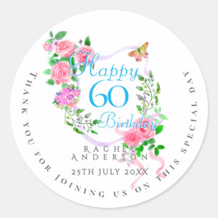 Pink Rose Ribbon 60th Birthday Classic Round Sticker
