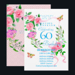 Pink Rose Ribbon 60th  Birthday Invitation<br><div class="desc">Lovely and elegant rose with butterfly.  You can changes the texts to your choice.
Suitabe for 40th,  50 th,  60th,  70th etc.</div>