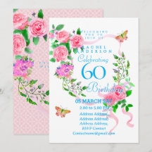 Pink Rose Ribbon 60th Birthday Invitation