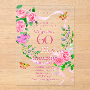 Pink Rose Ribbon 60th Birthday Invitation