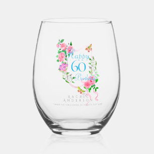Pink Rose Ribbon 60th Birthday Stemless Wine Glass