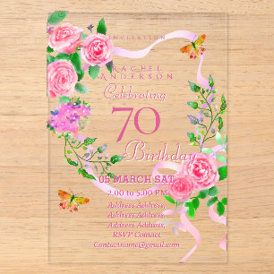 Pink Rose Ribbon 70th Birthday Invitation