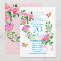 Pink Rose Ribbon 70th Birthday Invitation