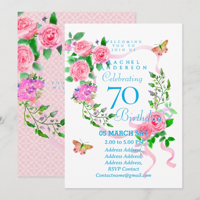 Pink Rose Ribbon 70th  Birthday Invitation (Front/Back)