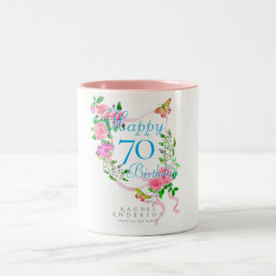 Pink Rose Ribbon 70th Birthday Two-Tone Coffee Mug