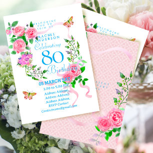 Pink Rose Ribbon 80th  Birthday Invitation