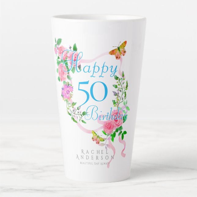 Pink Rose Ribbon Birthday Latte Mug (Front)