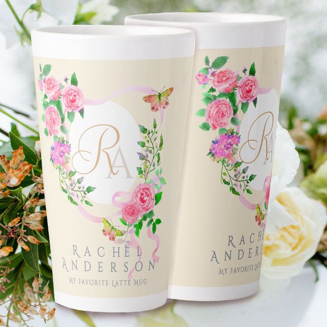Pink Rose Ribbon Chic Monogram Beige Latte Mug (Pink Rose Monogram Latte Mug.)