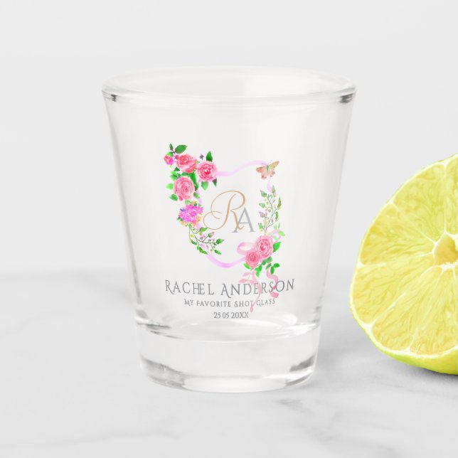 Pink Rose Ribbon Chic Monogram  Shot Glass (Front)