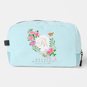 Pink Rose Ribbon Monogram  Blue Print Cut Sew Bag