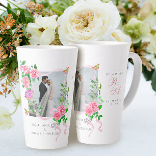 Pink Rose Ribbon Monogram Photo Wedding  Latte Mug