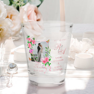 Pink Rose Ribbon Monogram Photo Wedding  Shot Glass