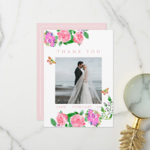 Pink Rose Ribbon Monogram Photo Wedding Thank You Card