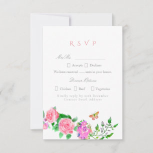 Pink Rose Ribbon Monogram Wedding RSVP Card