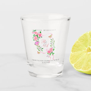 Pink Rose Ribbon Monogram Wedding Shot Glass