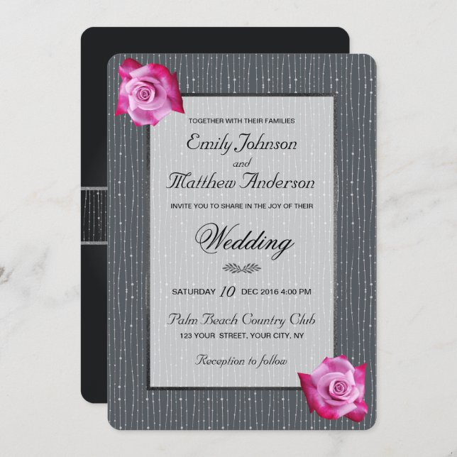 Pink Rose Ribbon Silver Glow Wedding Invitation (Front/Back)