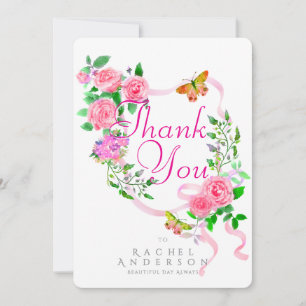 Pink Rose Ribbon Thank You Holiday Card