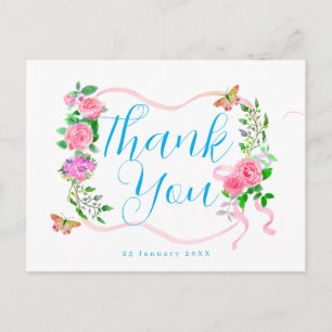 Pink Rose Ribbon Thank You Postcard