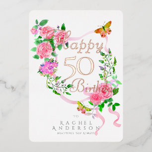 Pink Rose Ribbon Yearly Birthday Foil Card