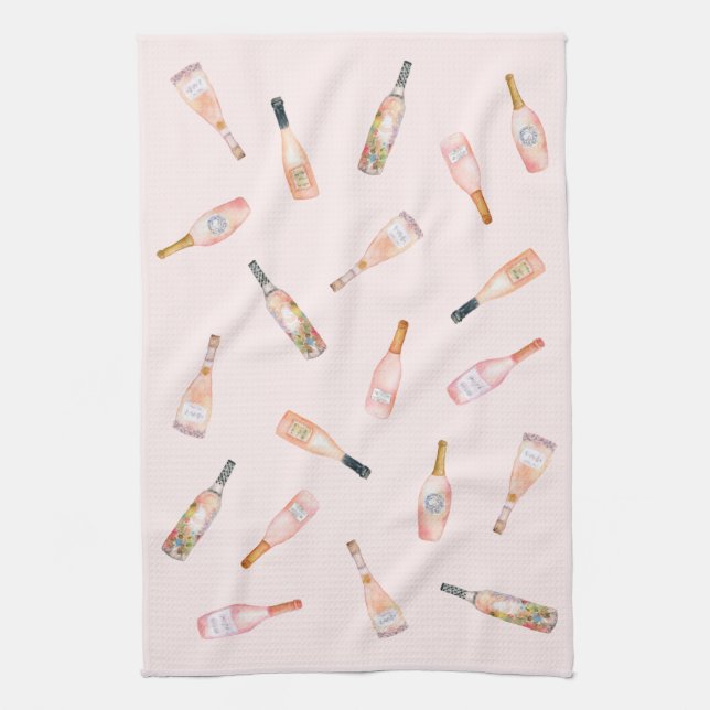Pink rosé rose wine bottle watercolor illustration tea towel (Vertical)