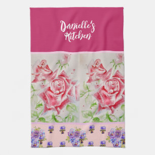 Pink Rose Roses Watercolor Customisable Tea Towel