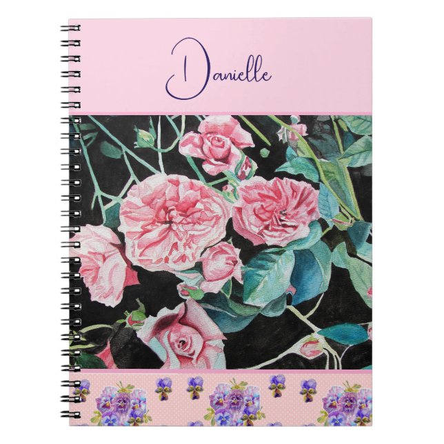 Pink Rose Roses Watercolor Customizable Notebook (Front)