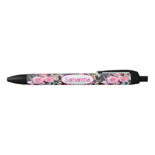 Pink Rose Roses Watercolor Shabby Chic Girls Name Black Ink Pen