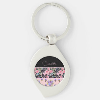 Pink Rose Roses Watercolor Vintage Customizable Key Ring