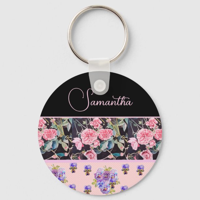 Pink Rose Roses Watercolor Vintage Customizable Key Ring (Front)