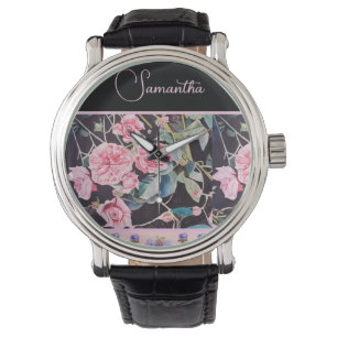 Pink Rose Roses Watercolor Vintage Customizable Watch