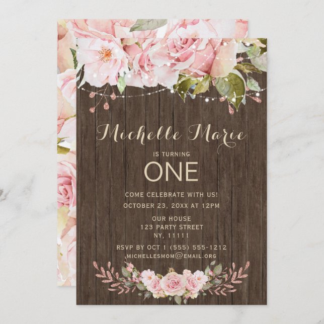 Pink Rose Rustic Lights First Birthday Invitation (Front/Back)