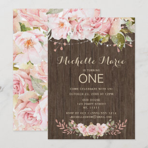 Pink Rose Rustic Lights First Birthday Invitation