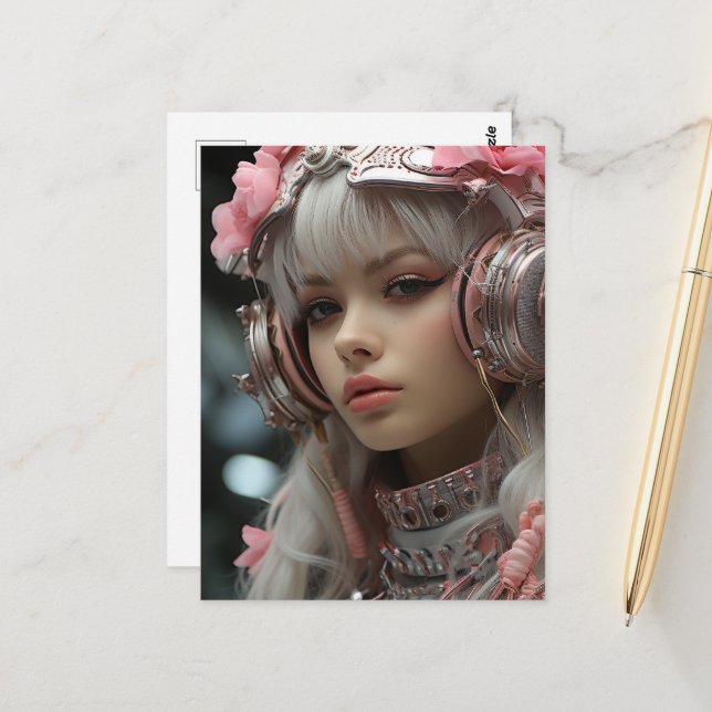 Pink Rose Sci Fi Steampunk Girl Postcard (Front/Back In Situ)