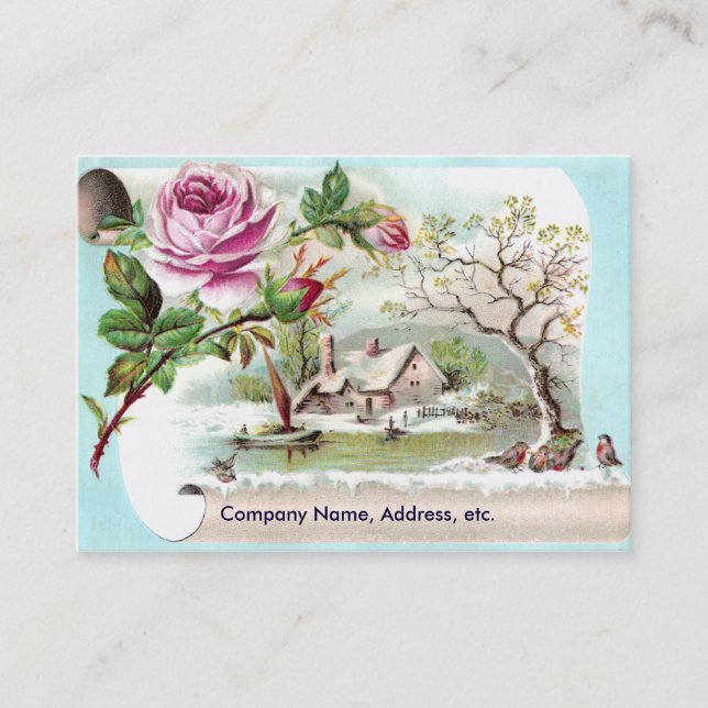 Pink Rose Scroll Victorian Trade Card (Front)
