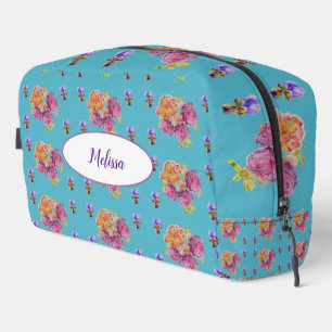 Pink Rose Shabby Teal Floral Flower Girls Name Dopp Kit