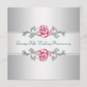 Pink Rose Silver 25th Wedding Anniversary Invitation
