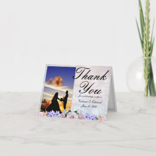 Pink Rose Silver Bokeh Thank You Wedding Card