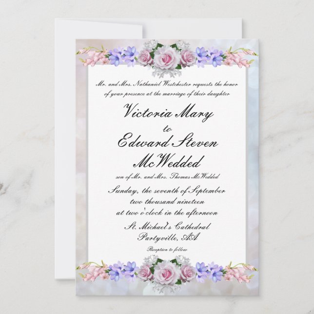 Pink Rose | Silver Bokeh Wedding Invitation (Front)