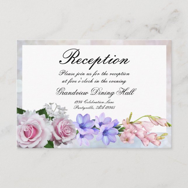 Pink Rose | Silver Bokeh Wedding Reception Enclosure Card (Front)