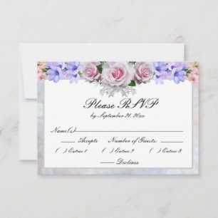Pink Rose   Silver Bokeh Wedding RSVP Card